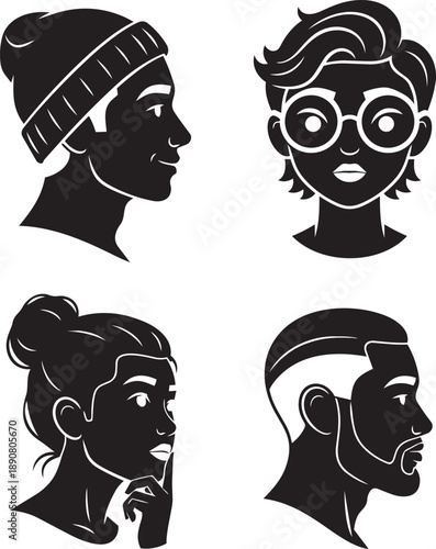 Illustrations of diverse people with distinct facial features and hairstyles, showcasing various profiles and accessories