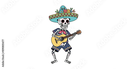 Colorful skeleton wearing sombrero plays guitar happily
