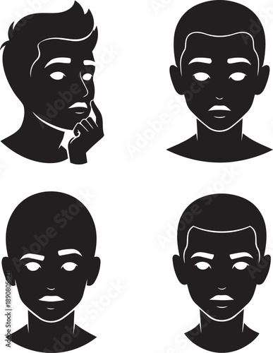 Collection of male faces with different hairstyles and expressions shown from various viewpoints in a simple graphic representation