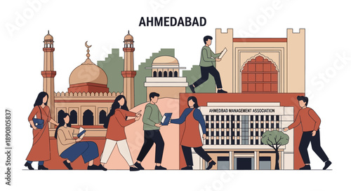 People walking in front of Ahmedabad city buildings and mosque