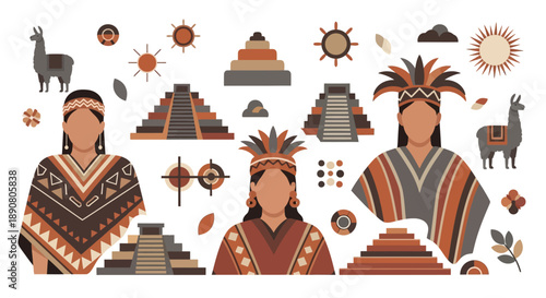 Traditional Aztec people with pyramids and cultural symbols