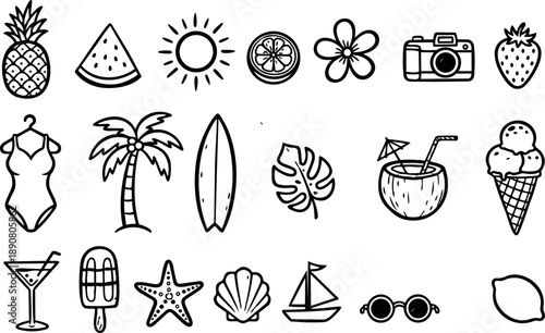 Black line art summer icons collection with pineapple watermelon sun lemon flower camera strawberry swimsuit palm surfboard tropical leaf coconut drink ice cream popsicle starfish shell