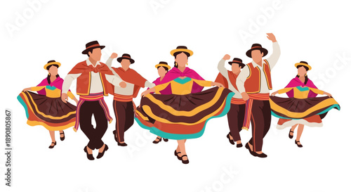 Traditional Ecuadorian dancers performing in colorful costumes
