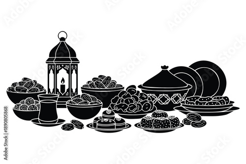 Traditional ramadan or eid celebration food and lantern illustration isolated design