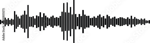 Symmetrical audio waveform with vertical bars, amplitude visualization for sound editing, stereo signal analysis or music interface