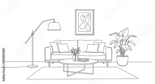 Living room sketch with sofa and floor lamp.