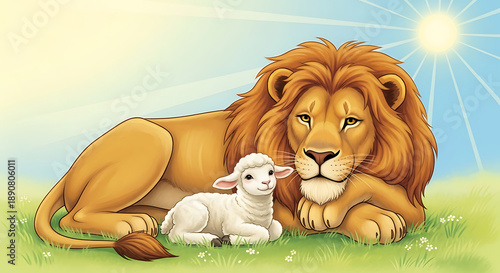Lion and lamb lying together in a peaceful meadow under a bright sunny sky.