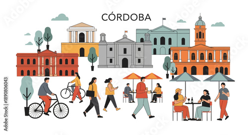 People walking and cycling in Cordoba city scene