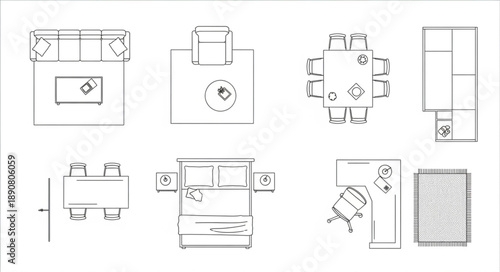 Collection of top view furniture layout plans for interior design.