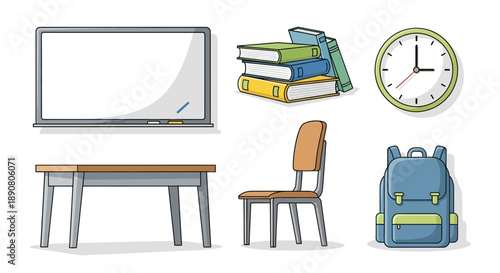 School supplies and furniture for a classroom setting