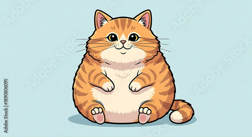 Adorable cartoon orange tabby cat sitting on a light blue background.