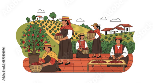 Women harvesting coffee beans on a farm patio