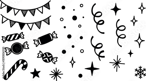 Whimsical kids doodle hand drawn party icons bunting candies confetti stars candy cane spirals and snowflake on textured background black line