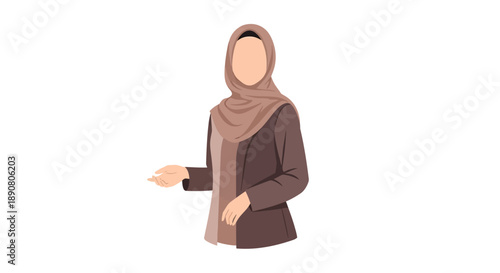 Woman wearing a hijab and brown clothing gesturing