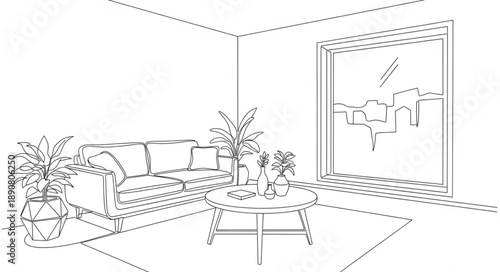 Interior design sketch of a modern living room with sofa and plants.