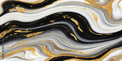 Abstract colorful background featuring 3D liquid waves with a golden metal texture and blue flow design on a wavy wallpaper surface