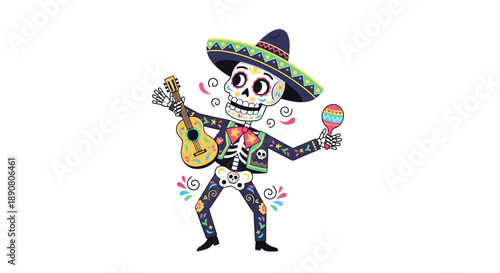 Colorful skeleton mariachi plays guitar and maracas with joy