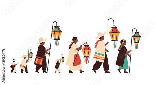 Group of people walking with colorful lanterns in hand