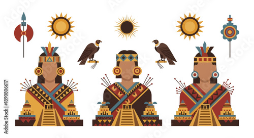 Three Aztec warriors with pyramids and sun symbols around