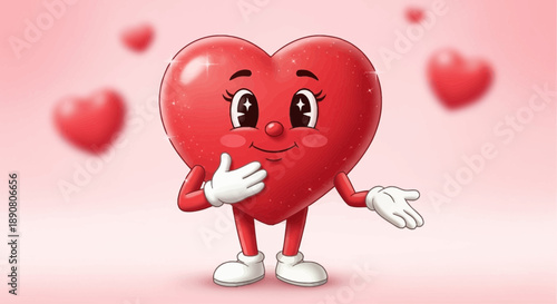 Happy cartoon heart character standing with a friendly gesture surrounded by smaller hearts on a pink background with valentines day theme