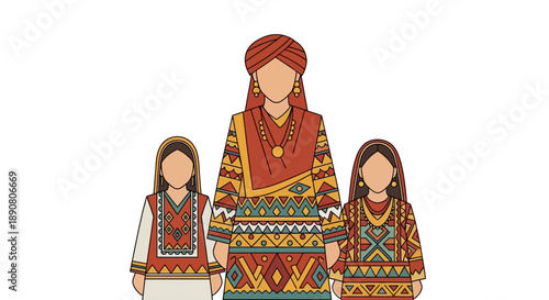 Woman and two girls in traditional cultural attire standing together