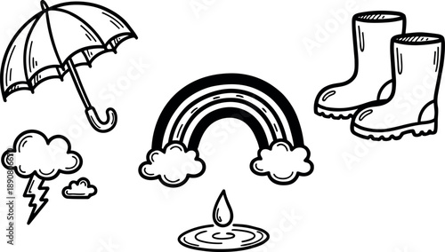 Whimsical kids doodle hand drawn rainy day icons umbrella rainbow rain boots lightning cloud raindrop puddle simple black line art playful