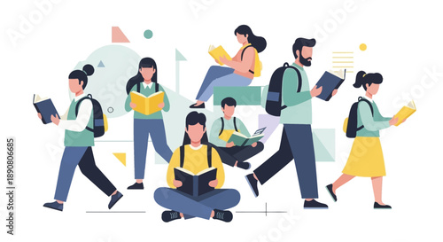 Students reading books and learning together outdoors