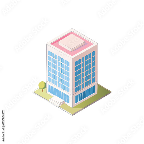 Isometric illustration of a modern office building with a tree and grass, viewed from above, showcasing architecture and design