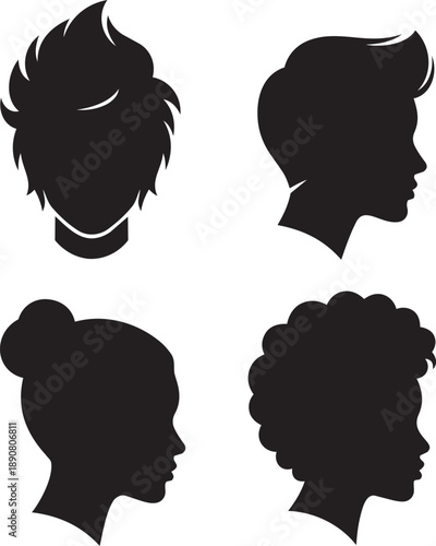 Silhouettes of diverse hairstyles on four individuals from different ethnic backgrounds displayed in a simple graphic illustration