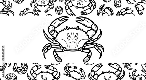 Seamless vector pattern with detailed crab icons repeated in black line art style on light background for seafood design