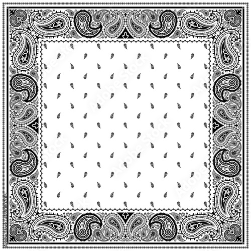 Bandana paisley square ethnic floral hand drawn pattern.Ornament classic vintage vector elements black on white background.Design for scarf,headscarf,kerchief,hijab,tablecloth,print fabric,decoration.