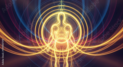 Human figure surrounded by vibrant energy aura and circular motion.