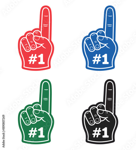 Foam finger fan hand icon showing number one raised glove gesture for sports events crowd support and celebration