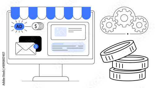 Online store, e-commerce, digital payments, digital marketing, cloud services, technology solutions. Monitor with storefront and icons, coins and cloud gears. E-commerce and digital payments concept