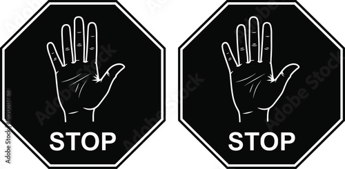 Stop hand sign icons set, warning prohibition symbol octagon sign for safety