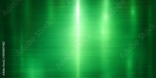Brushed aluminum surface with a green abstract gradient design featuring metallic lines and a shiny silver texture on a grey stainless steel backdrop