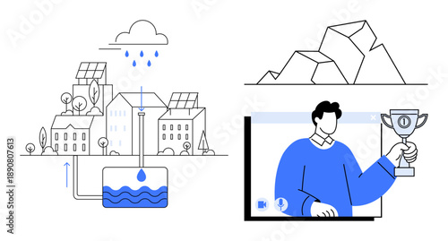 Rainwater harvesting system with eco-friendly homes powered by solar energy and digital scene of a person holding a trophy on screen. Ideal for environment, technology, and innovation themes