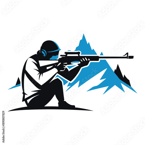 Biathlon athlete aiming with rifle in snowy mountain landscape isolated vector graphic design for winter sport event poster banner emblem logo