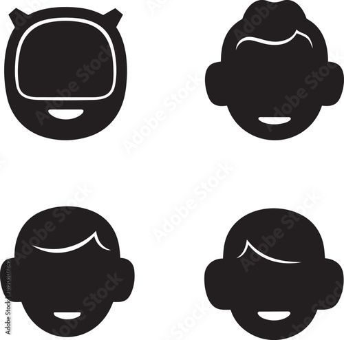 Four diverse astronaut faces depicted in a simple, black-and-white graphic illustration from a frontal viewpoint