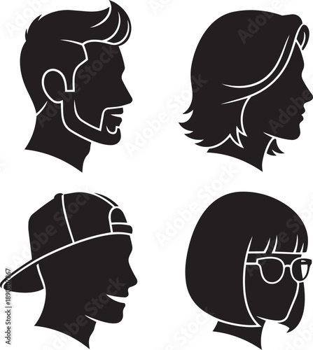 Collection of silhouetted profiles of people wearing various headgear and glasses, showcasing diversity in a simple illustration style