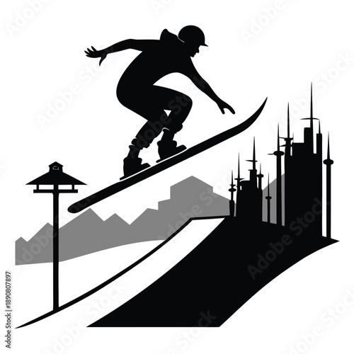 Dynamic snowboarder jumping over city buildings with mountains in background isolated black and white silhouette vector for extreme sport poster