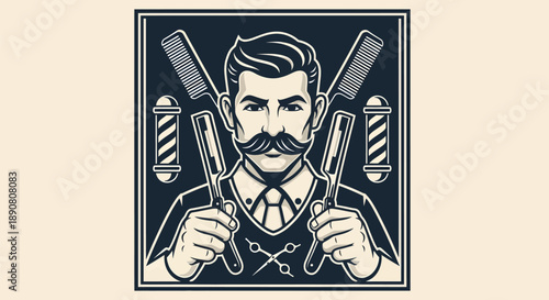 Vintage Barbershop Emblem with Stylized Barber and Tools.