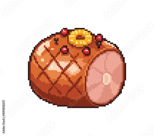 A pixel art illustration of a glazed ham decorated with pineapple rings and cherries, presented on a white background. Easter Food Pixel Art Illustration.