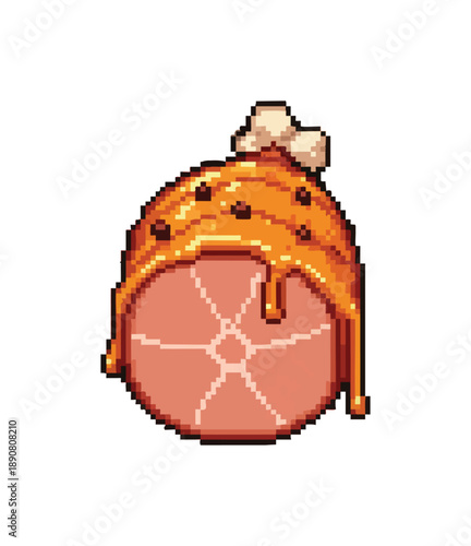 A pixel art illustration of a ham slice topped with a glossy, dripping glaze and sprinkled with spices. Easter Food Pixel Art Illustration.