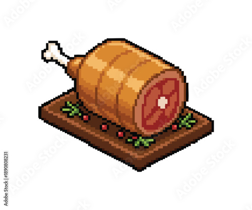 A pixel art illustration of a roasted ham with a bone, garnished with rosemary and berries, served on a wooden board. Easter Food Pixel Art Illustration.