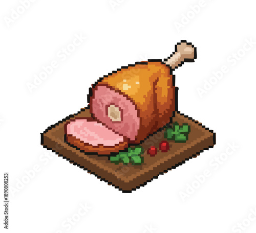 A pixel art illustration of a cooked ham leg with a slice cut off, presented on a wooden board adorned with red berries and green leaves. Easter Food Pixel Art Illustration.