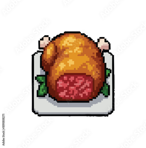 A pixel art illustration of a whole roasted chicken, carved to reveal its juicy red meat, served on a platter with greens. Easter Food Pixel Art Illustration.