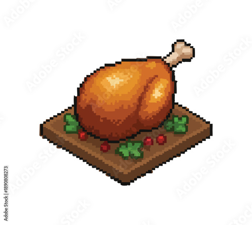 A pixel art illustration of a golden roasted chicken leg on a wooden board garnished with cranberries and parsley. Easter Food Pixel Art Illustration.