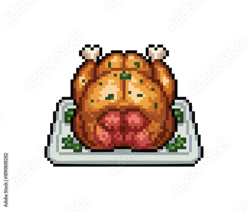 A pixel art illustration of a whole roasted chicken served on a white platter garnished with green herbs. Easter Food Pixel Art Illustration.