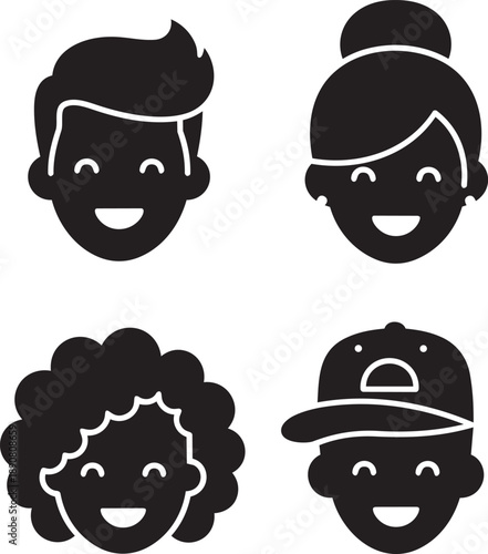 Diverse group of cartoon faces illustrating different hairstyles and accessories in a simple, modern design